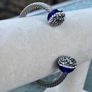 Silver Twisted Cable Cuff Bracelet Blue Crystal Pave Rhinestone Accents Womens